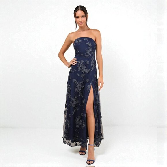 Lulus Rare Presence Navy Blue 3D Floral Embroidered Maxi Dress Size large - Picture 1 of 11
